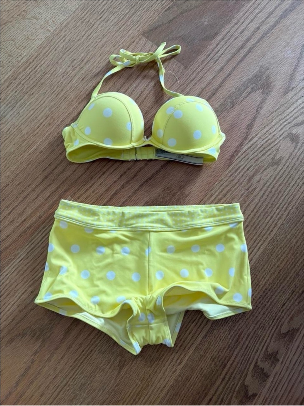Frankie's Bikinis Yellow & White Polka Dot Halter Bikini Set